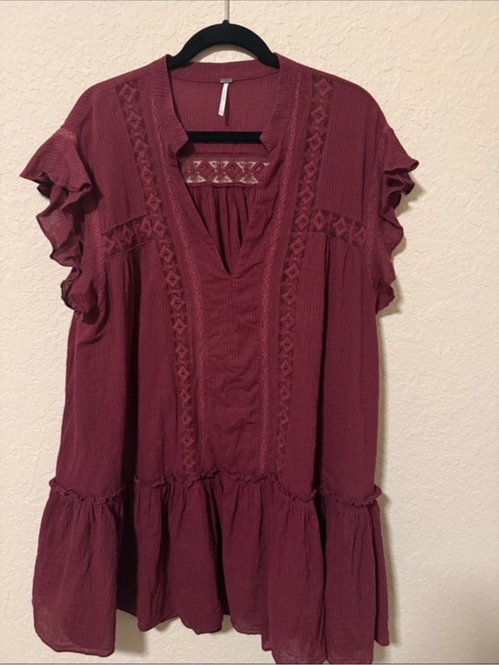 Free People Wine Ruffled V-Neck Mini Dress